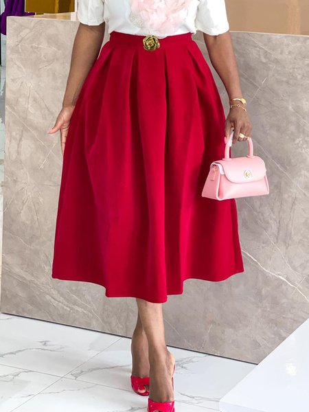 

Pocket Stitching Elegant Loose Plain Skirt, Red, Skirts