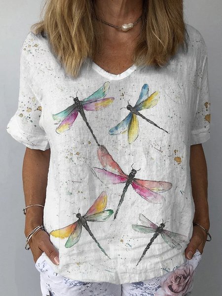 

Women's Short Sleeve Blouse Summer Dragonfly V Neck Daily Going Out Casual Top Apricot, Shirts & Blouses