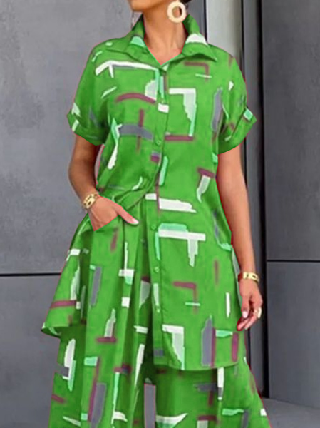 

Urban Shirt Collar Abstract Loose Dress, Green, Blouses and Shirts