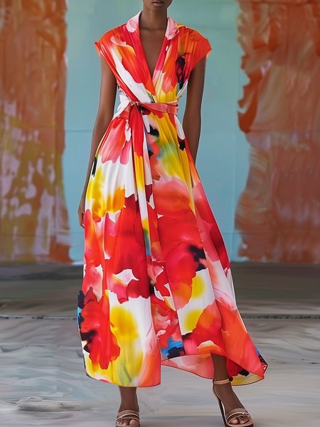 

Floral Regular Fit Vacation V Neck Dress With Belt, As picture, Maxi Dresses
