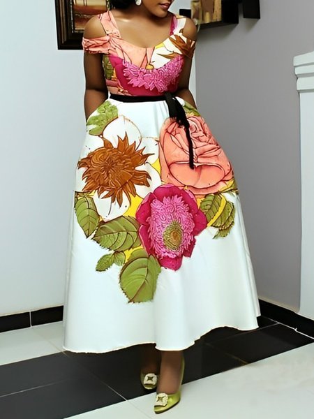 

Floral Vacation Regular Fit Cold Shoulder Dress, White, Maxi Dresses