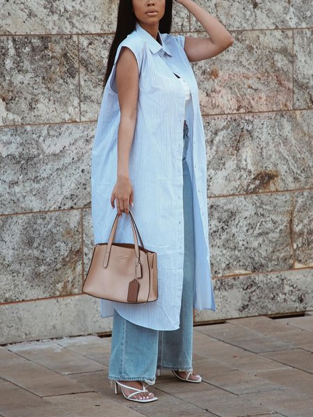 

Loose Striped Shirt Collar Urban Shirt, White-blue, Blouses and Shirts