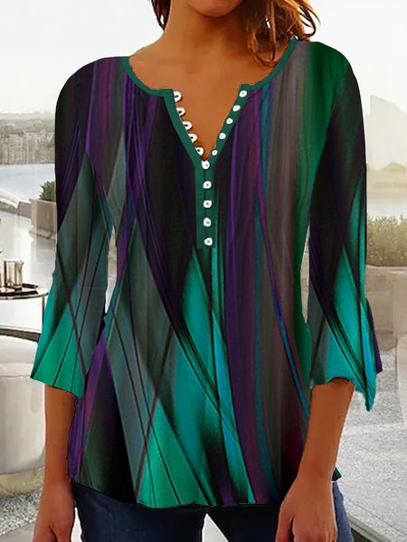 

Casual Random Print Crew Neck Three Quarter Sleeve T-shirt, Green, T-shirts