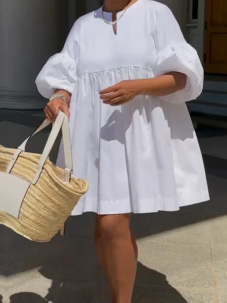 

Loose Plain Half Sleeve Vacation Mini Dress, White, Mini Dresses