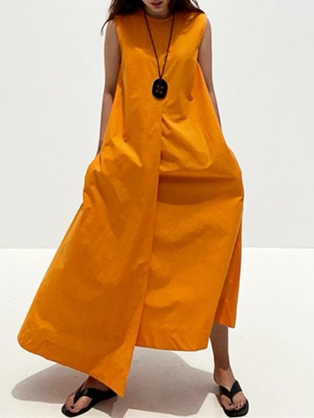 

Crew Neck Plain Loose Casual Asymmetrical Dress, Orange, Maxi Dresses
