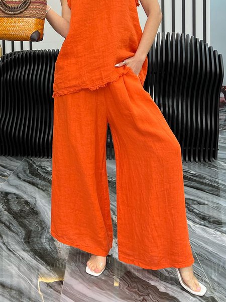 

Casual Loose Plain Pants, Orange, Pants