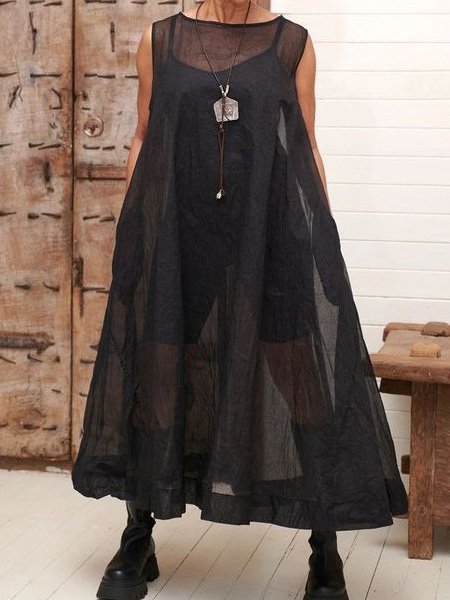

Loose Casual Plain Crew Neck Dress, Black, Maxi Dresses