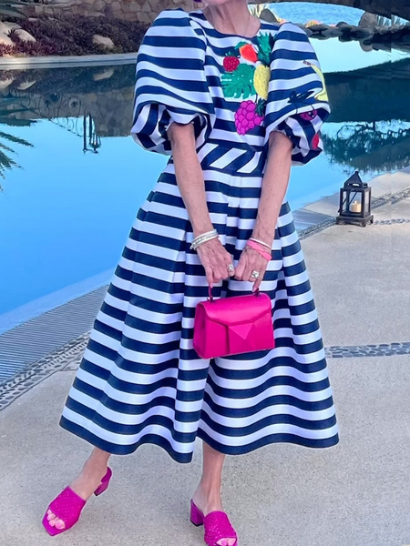 

Striped Regular Fit Elegant Crew Neck Short Sleeve Maxi Dress, Stripe, Maxi Dresses