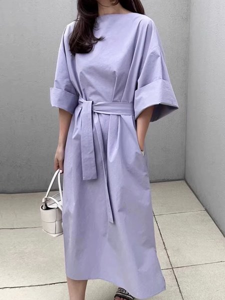 

Daily Plain Crew Neck Half Sleeve Dress With Belt, Light purple, Midi Dresses