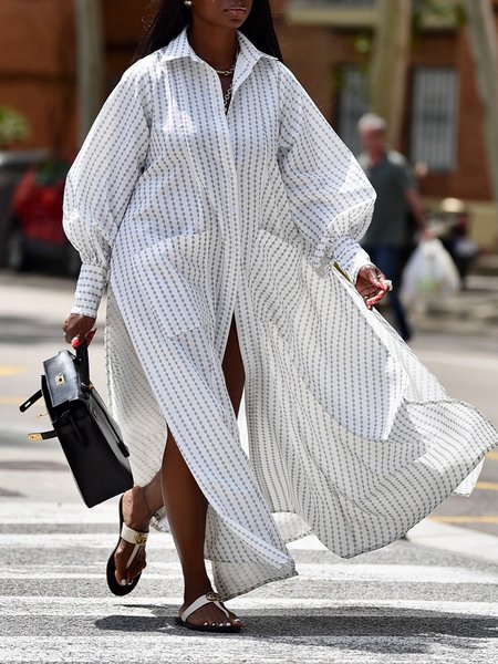 

Shirt Collar Geometric Loose Urban Maxi Dress, White, Maxi Dresses