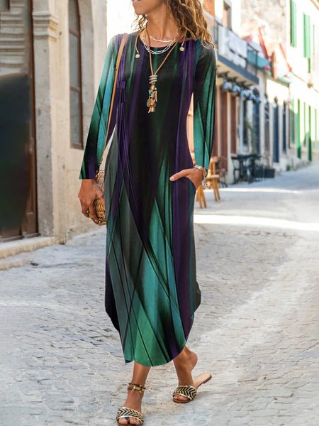 

Women Abstract Crew Neck Long Sleeve Comfy Casual Maxi Dress, Green, Maxi