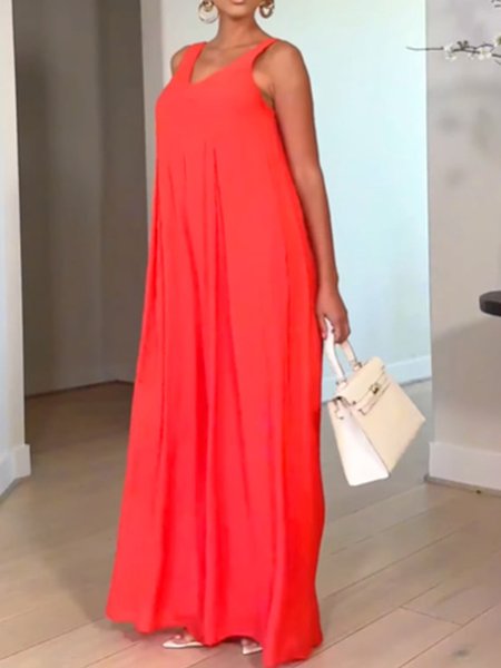 

Casual Plain Loose V Neck Dress, Red, Maxi Dresses