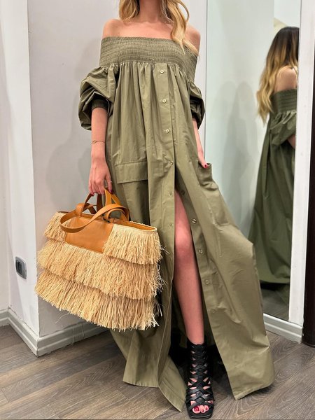 

Off The Shoulder Plain Half Sleeve Vacation Pockets Dress, Army green, Maxi Dresses