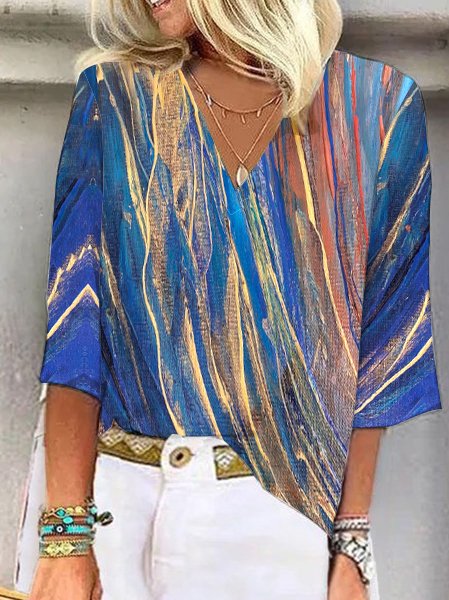 

Women's Half Sleeve Blouse Summer Color Block V Neck Daily Going Out Casual Top Blue, Blouses