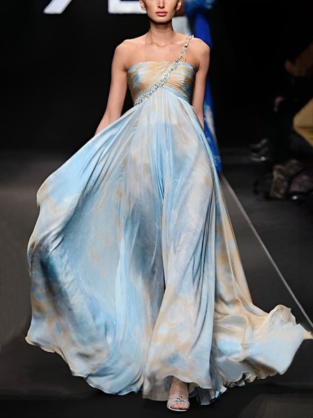Strapless Elegant Regular Fit Random Print Maxi Dress, Blue, Maxi Dresses