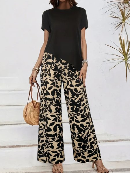 

Women Leaf Crew Neck Short Sleeve Comfy Casual Top With Pants Two-Piece Set, Black, Sets