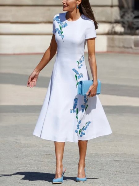 

Crew Neck Regular Fit Elegant Floral Short Sleeve Midi Dress, White, Midi Dresses