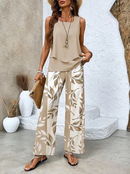 

Women Leaf Crew Neck Sleeveless Comfy Casual Top With Pants Two-Piece Set, Khaki, Sets