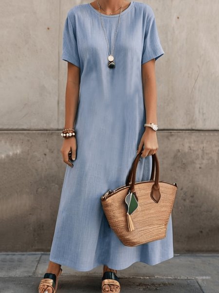 

Loose Casual Crew Neck Dress With No, Blue, Maxi Dresses