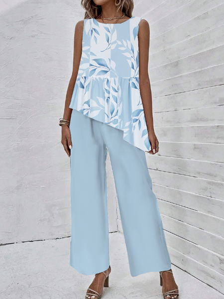

Women Floral Crew Neck Sleeveless Comfy Casual Top With Pants Two-Piece Set, Blue, Sets