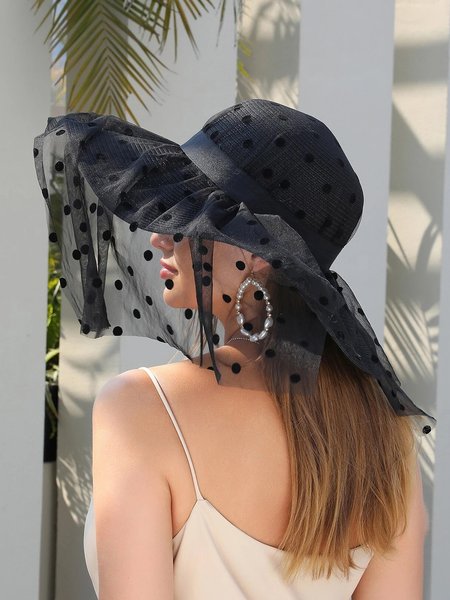 

Polka Dot Mesh Decor Straw Hat, Black, Hats