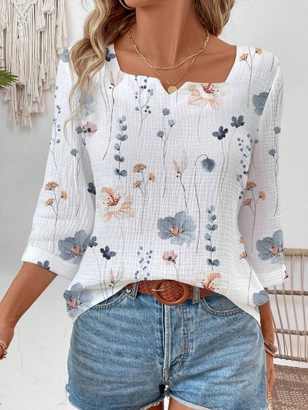 Women's Three Quarter Sleeve Blouse Spring Fall White Floral Cotton Notched Daily Going Out Simple Top