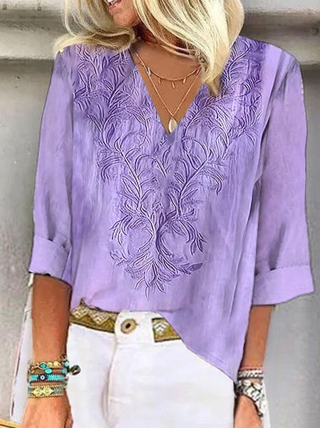 

Women's Half Sleeve Blouse Summer Plain Embroidery Cotton And Linen V Neck Daily Going Out Casual Top Purple, Blouses