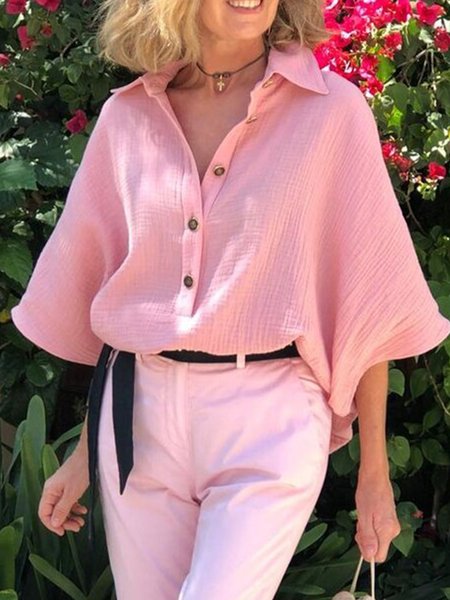 

Loose Casual Half Sleeve Shirt Collar Shirt, Pink, Blouses and Shirts