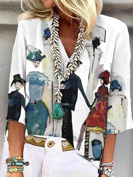 

V Neck Three Quarter Sleeve Painting Regular Loose Blouse For Women, White, Blouses