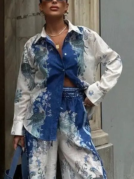 

Loose Casual Floral Shirt Collar Shirt, Blue, Blouses and Shirts