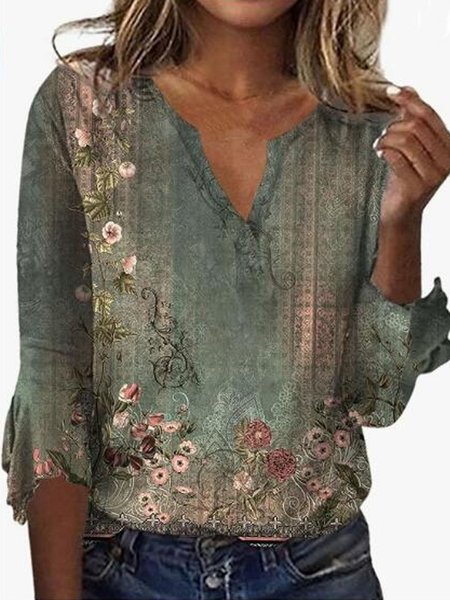 

Casual Floral V Neck Three Quarter Sleeve T-shirt, Green, T-shirts