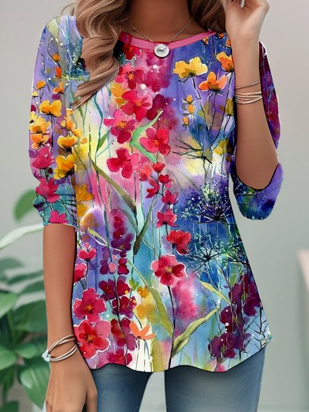 

Casual Floral Crew Neck Long Sleeve T-shirt, Multicolor, T-shirts