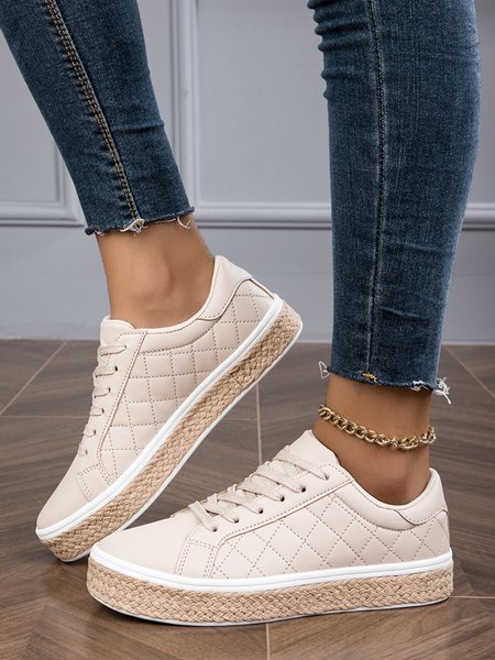 

Casual Plaid Quilted Lace-Up Skate Shoes, Apricot, Flats