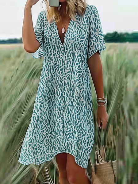 Vacation Loose V Neck Dress, Green, Midi Dresses