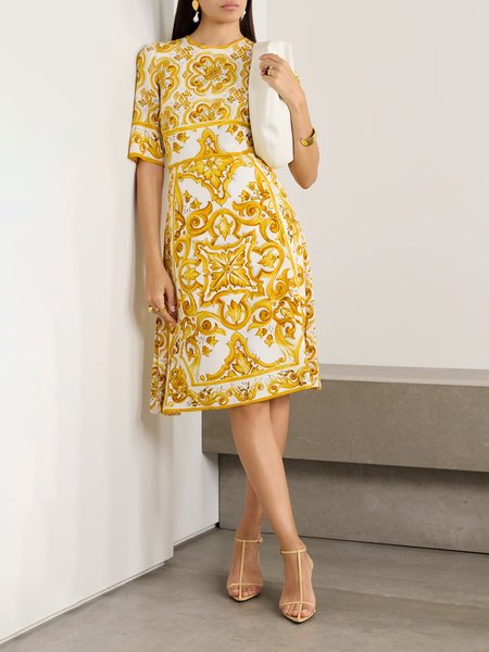 

Regular Fit Elegant Random Print Short Sleeve Dress, As picture, Midi Dresses