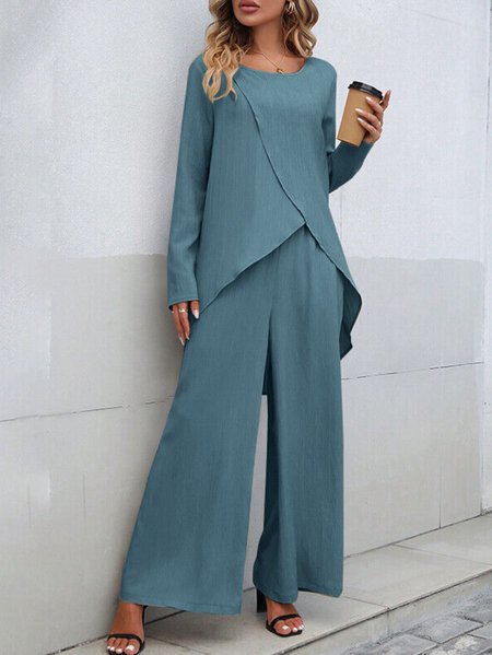 

Plain Casual Loose Crew Neck Two-Piece Set, Blue, Suits