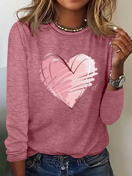 

Women's Long Sleeve Tee T-shirt Spring/Fall Heart/Cordate Cotton-Blend Crew Neck Daily Going Out Casual Top White, Pink, Long sleeve tops