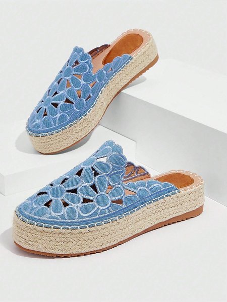 

Hollow Out Floral Embroidered Platform Espadrille Mules, Blue, Flats