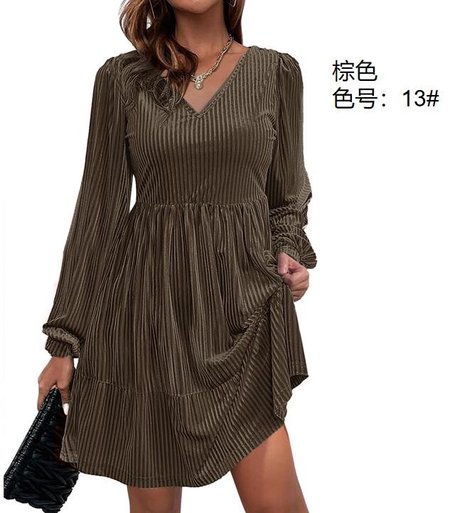

Women's Long Sleeve Summer Nudepink Plain V Neck Balloon Sleeve Daily Going Out Casual Knee Length A-Line Dress, Brown, Dresses