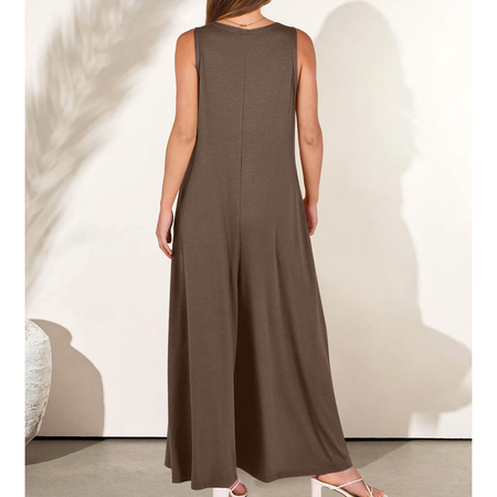 

V Neck Plain Loose Vacation Jumpsuit, Cameo brown, Maxi Dresses
