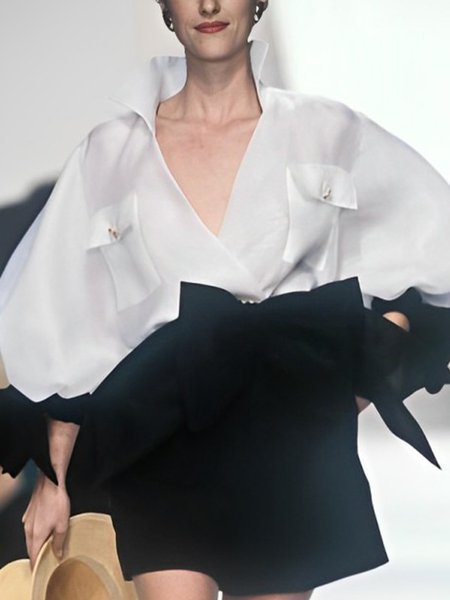 

Color Block Elegant Loose Blouse, White, Blouses and Shirts