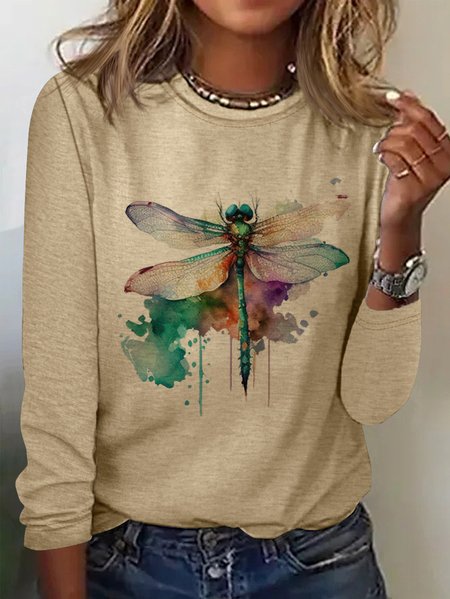 

Dragonfly Casual Cotton-Blend Crew Neck T-Shirt, Khaki, Long sleeves