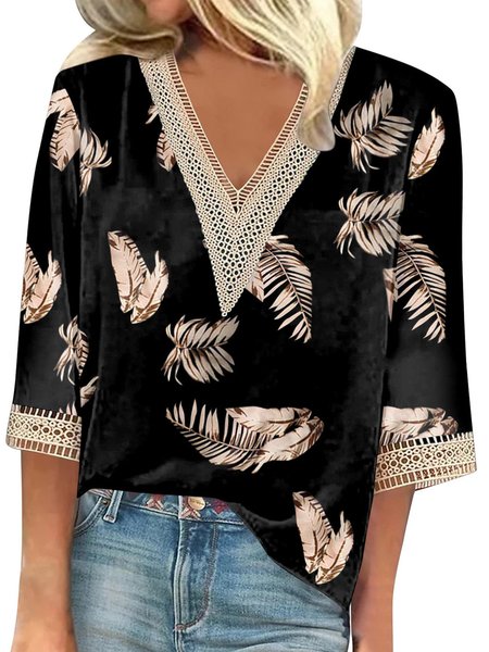 

V Neck Half Sleeve Geometric Lace Lightweight Loose Blouse For Women, Black, Blouses