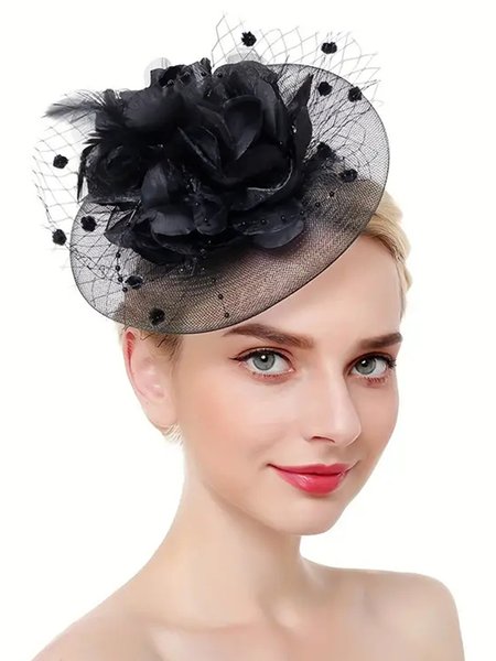 

Elegant Flower Mesh Headwear Vintage Fascinators Faux Feather Hair Hoop, Black, Women Hair Accessories