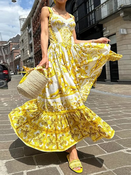 

V Neck Vacation Floral Sleeveless Dress, Yellow, Maxi Dresses