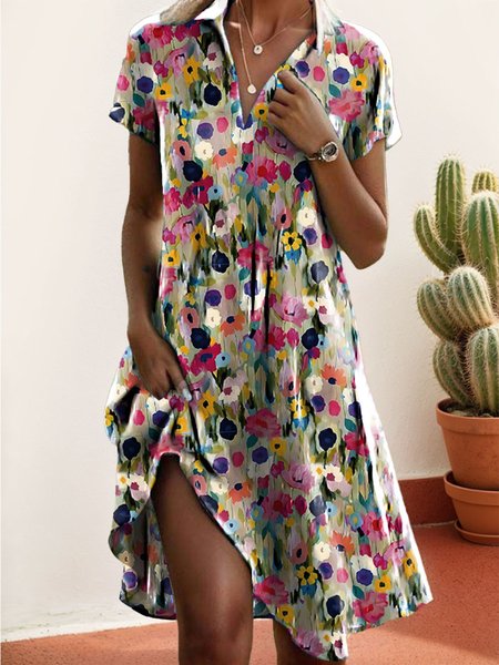 

Women Floral Shirt Collar Short Sleeve Comfy Casual Midi Dress, Green, Short