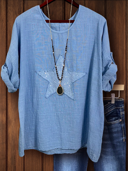 

Crew Neck Loose Vacation Plain Shirt, Blue, Blouses & Shirts