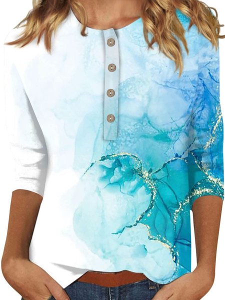 

Casual Abstract Crew Neck Three Quarter Sleeve T-shirt, Blue, T-shirts