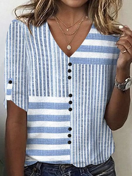 

Casual Striped V Neck Three Quarter Sleeve T-shirt, Stripe-blue, T-shirts