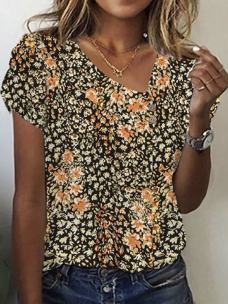 

Casual Floral Asymmetrical Short Sleeve T-shirt, Brown, T-shirts